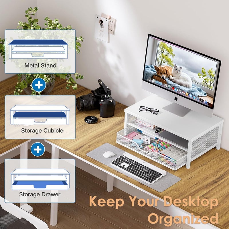 OPNICE Computer Monitor Stand Riser, Desk Organizer with Drawer, Laptop Stand, Office Desk Accessories & Workspace Desktop Organizers Storage for Office Supplies(White) - Image 5